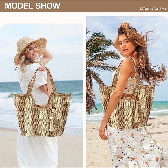 Women Straw Beach Tote Bag Large Weave Summer Boho Shoulder Handbag - Picture 5 of 7